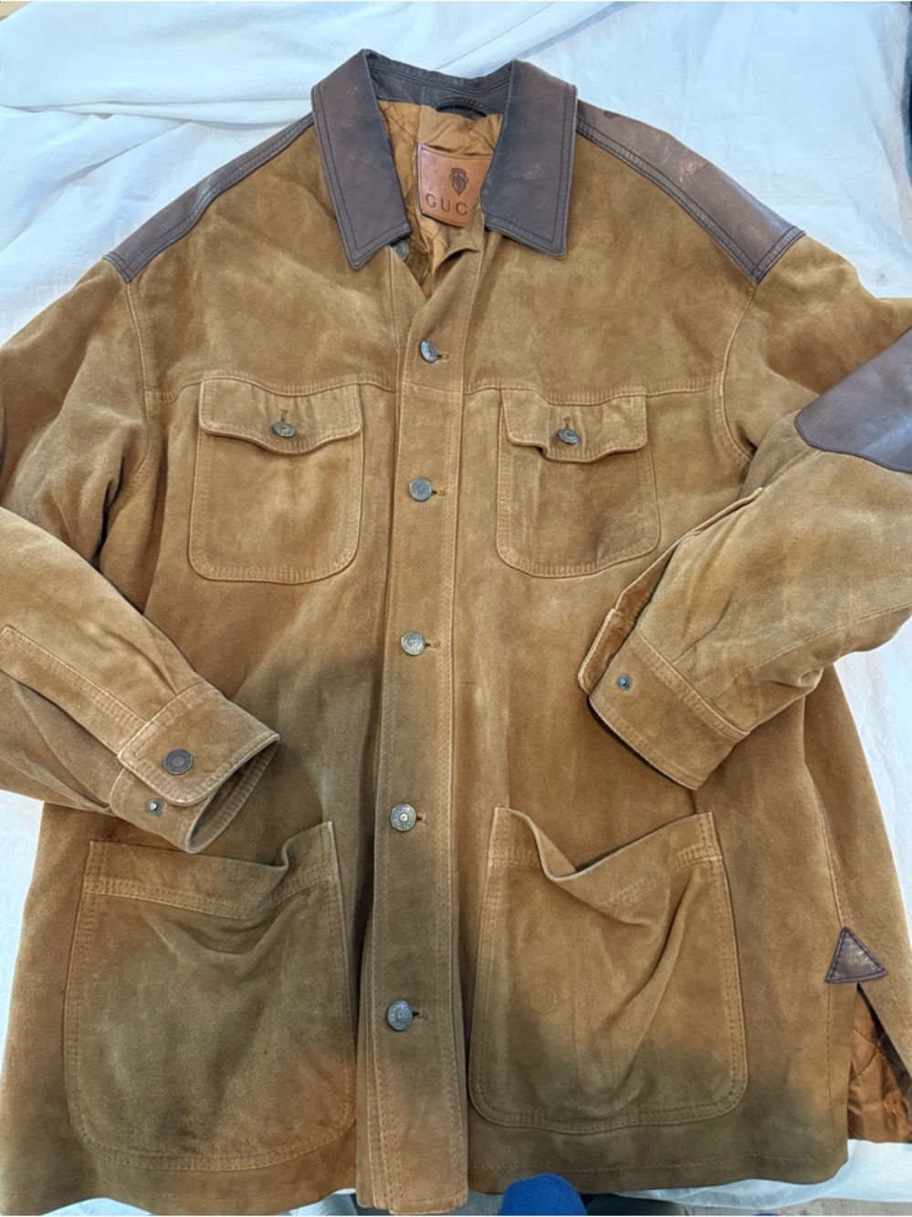 Gucci Suede Leather Field Jacket, Men’s Tan Brown Western, GUC, 0672